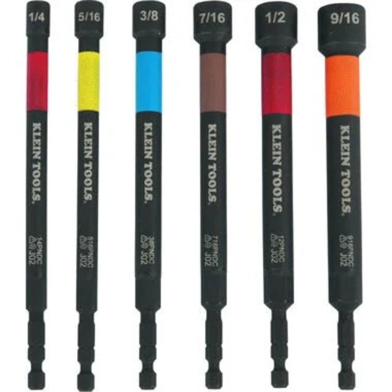 Klein Tools 32930 SAE Magnetic Impact Nut Setter Set, 6-Piece Color Coded Power Nut Setter, Nut Driver Bit Set with 6 SAE Sizes
