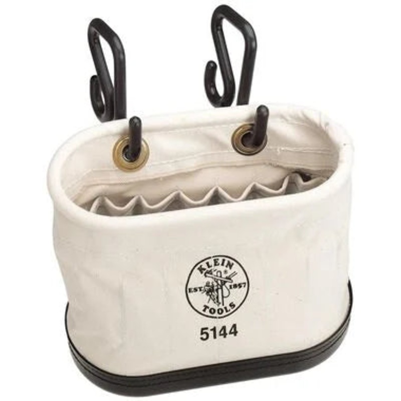 Klein Tools 5144 Canvas Bucket, Aerial Oval Tool Bucket with Black Molded Polypropylene Bottom, Includes Hooks, 15 Pockets