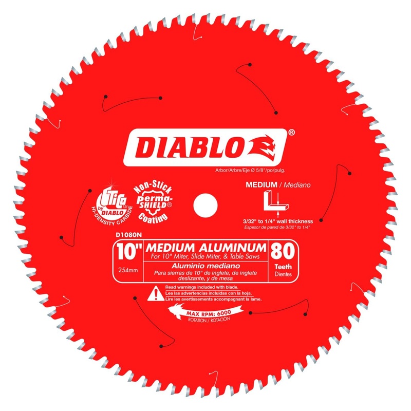 Diablo Saw Blade for Medium Aluminum - 10" Diameter, 80 TCG Teeth, 5/8" Arbor, .094" Kerf, -5 Hook Angle, .071" Plate, 6000 Max RPM - D1080N