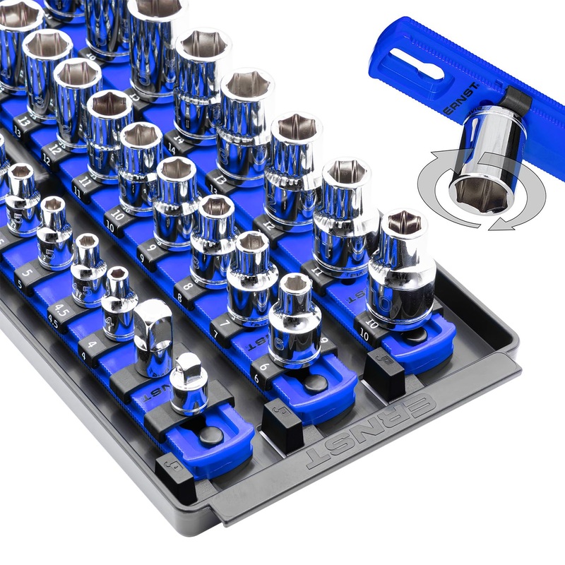 Ernst Manufacturing 8491 Socket Boss Multi-Drive Socket Organizer Tray with 13 Socket Rails, Blue  Drive Socket Storage Tray for Automotive Service Technicians Toolbox - Made in USA 13-Inch Blue
