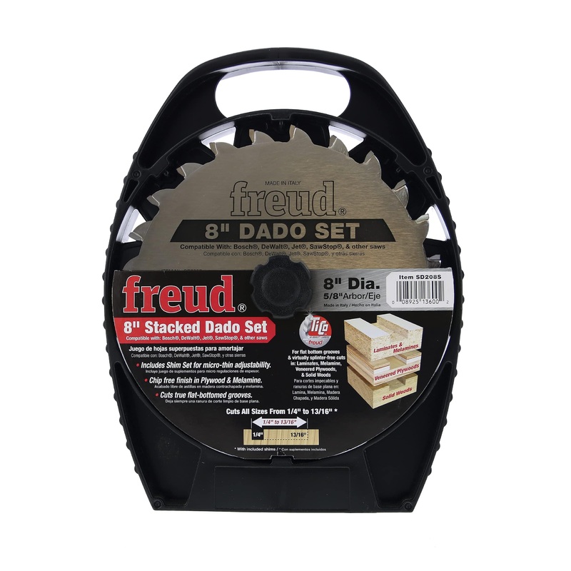 Freud Pro Dado Set with Premium TiCo Hi-Density Carbide Crosscutting Blend for Maximum Performance - 8" Diameter, 12 Teeth, 5/8" Arbor, 6000 Max RPM - SD208S 8" Pro Dado Set
