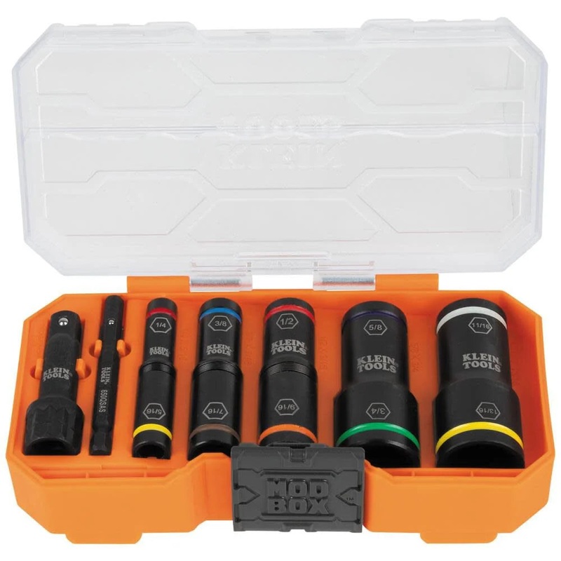 Klein Tools 65618 KNECT Flip-10 SAE Impact Socket Set, Deep Sockets with 5 Color-Coded Flip Sockets, 10 SAE Socket Sizes, 1/4 and 3/8-Inch Adapters and MODbox Case