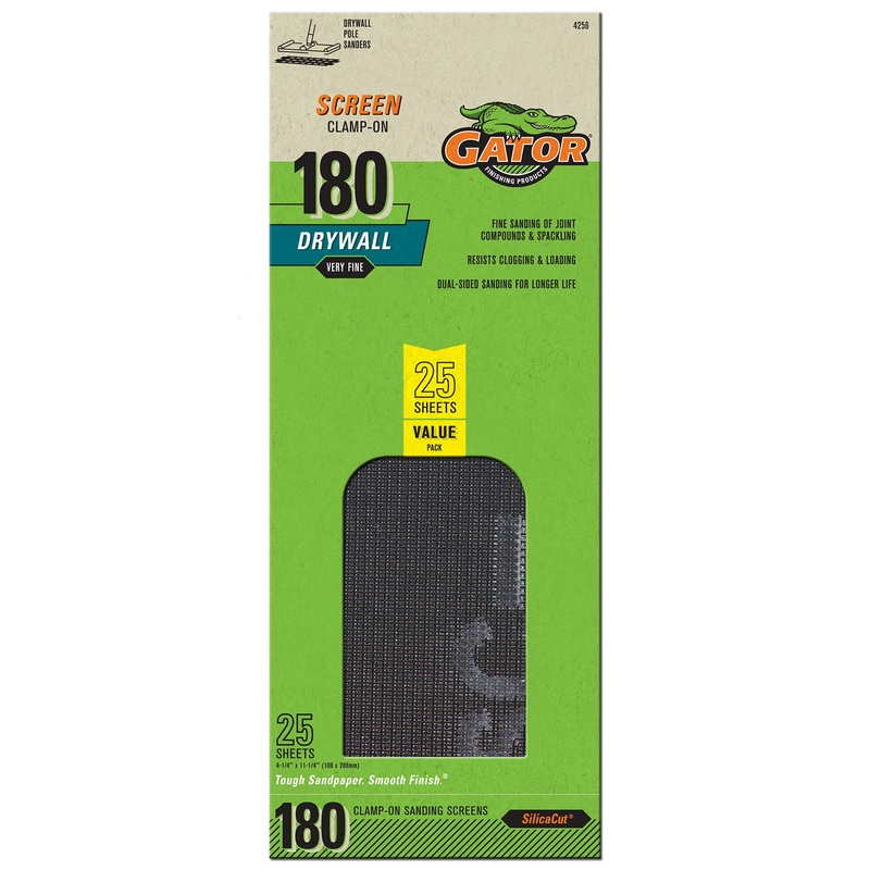Gator Clamp-On Precut Drywall Sanding Screen, 4-1/4" x 11-1/4", 180 Grit, 25 Pack