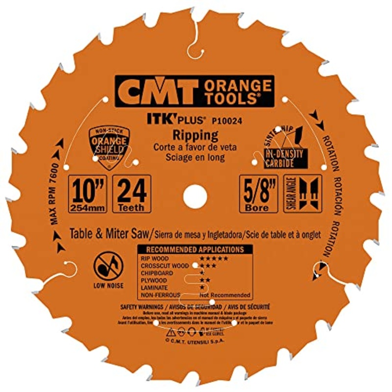 CMT P10024 ITK Plus Ripping Saw Blade, 10 x 24 Teeth, 10 ATB+Shear with 5/8-Inch bore