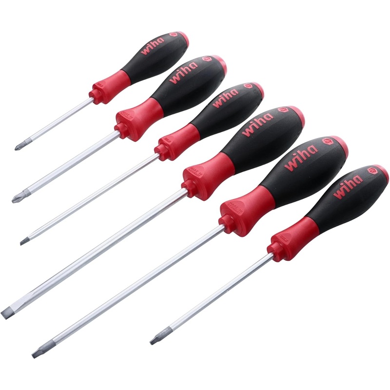 Wiha 30291 SoftFinish Grip ScrewDriver Set, Slotted 4.5-6.5mm, Phillips Number 1-2 and Square Number 1-2, 6-Piece Set