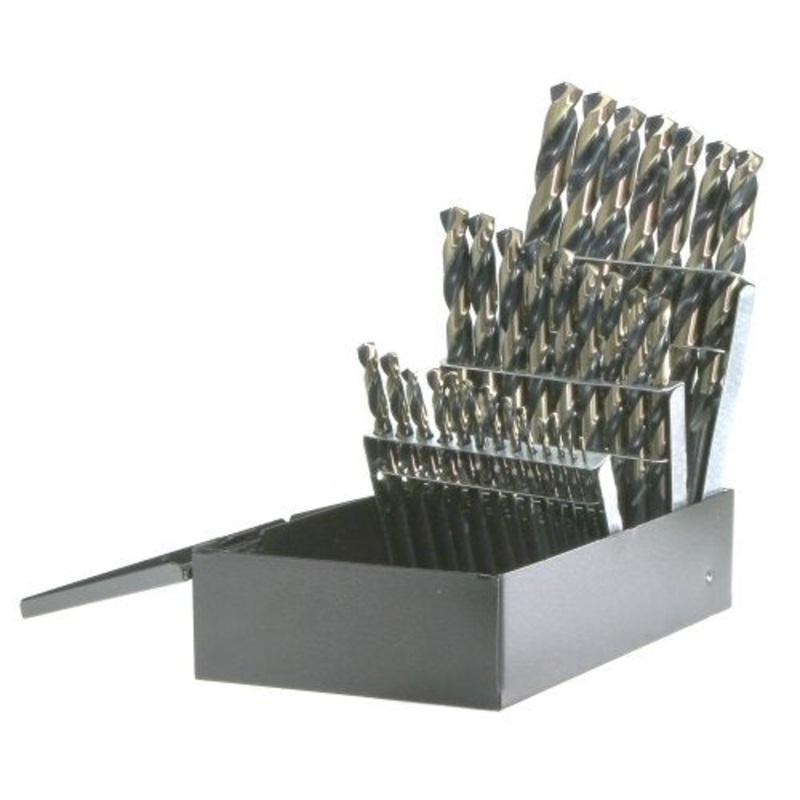 Drillco 400N Series Nitro 29 Piece High-Speed Steel Heavy-Duty Jobber Drill Bit Set, Black and Gold Oxide Finish, Round Shank, Spiral Flute, 135 Degrees Split Point, 1/16" - 1/2" in 1/64" increments