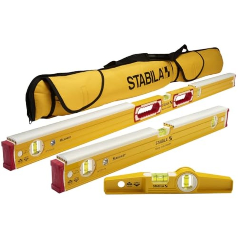 Stabila 48296 Mason kit includes 36448 - 48-Inch Mason Level with dead-blow shield, 36424 Mason Level with dead-blow shield, 25100 die cast torpedo and 30015 carry case Yellow