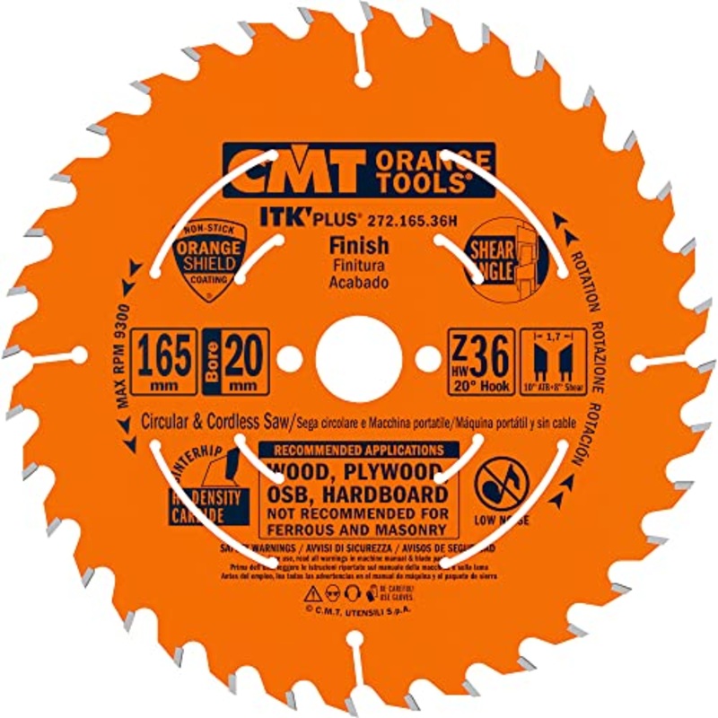CMT ORANGE TOOLS 272.165.36HITK Plus Finish Saw Blade HW 165X1.7X20(+15,87) Z=36 ATB+SHE