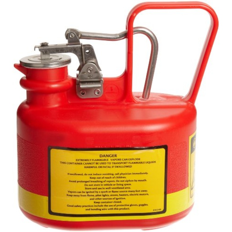 Justrite 14065 1/2 Gallon, 4 5/8" x 7 5/8" x 9.50" Size Type I Red Oval Polyethylene Safety Can with Stainless Steel Hard