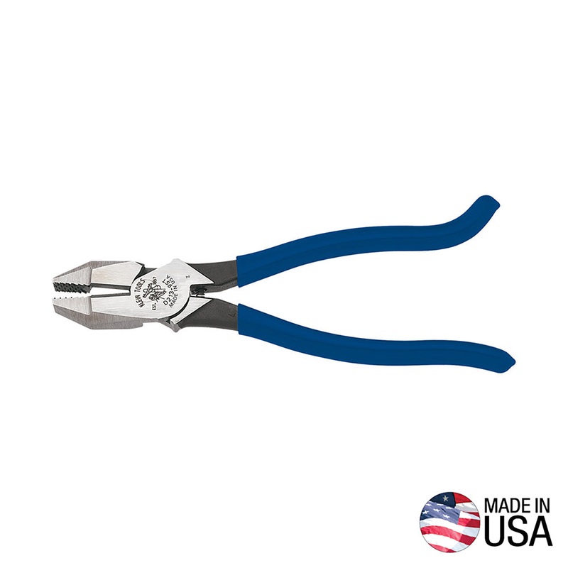 Klein Tools (D213-9ST) High-Leverage Ironworker's Pliers, Made in USA, Twist and Cut Soft Annealed Tie Wire, Hook Bend Handle, Spring Loaded, Heavy-Duty Jaws