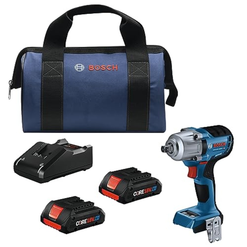 BOSCH 18V Brushless Connected-Ready 1/2 In. Mid-Torque Impact Wrench Kit with Friction Ring and Thru-Hole and (2) CORE18V 4 Ah Batteries