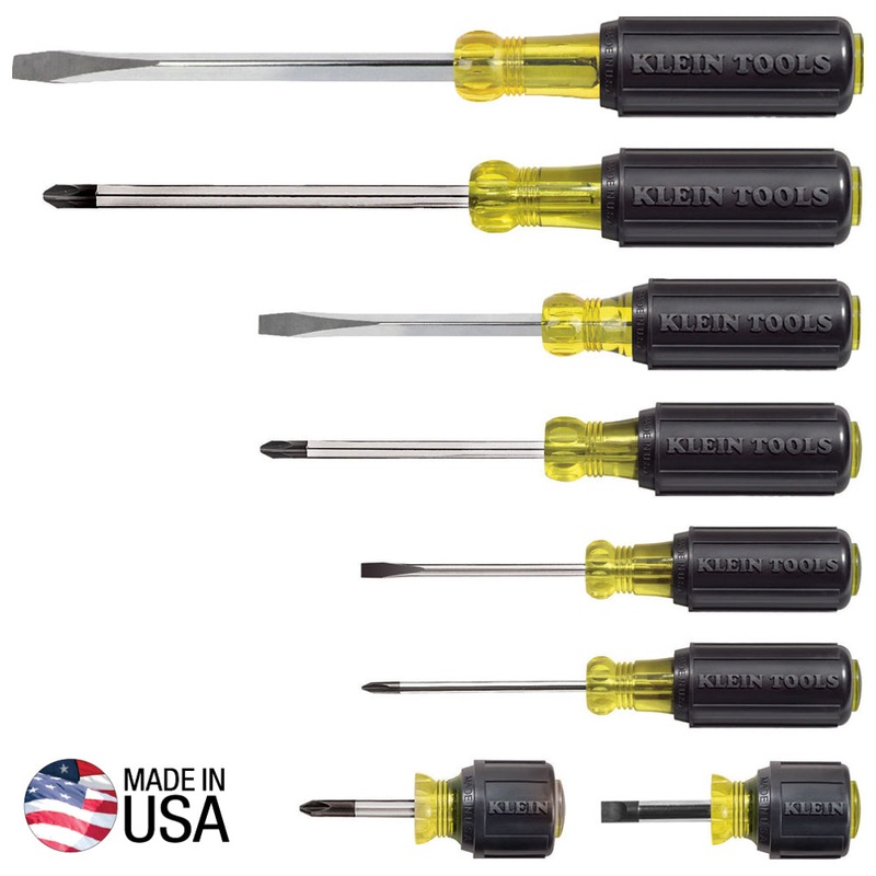 Klein Tools 85078 Screwdriver Set, 4 Phillips, 4 Flat Head Tips, Non-Slip Cushion Grip, Made in USA, All-Purpose Screwdriver Kit, 8-piece