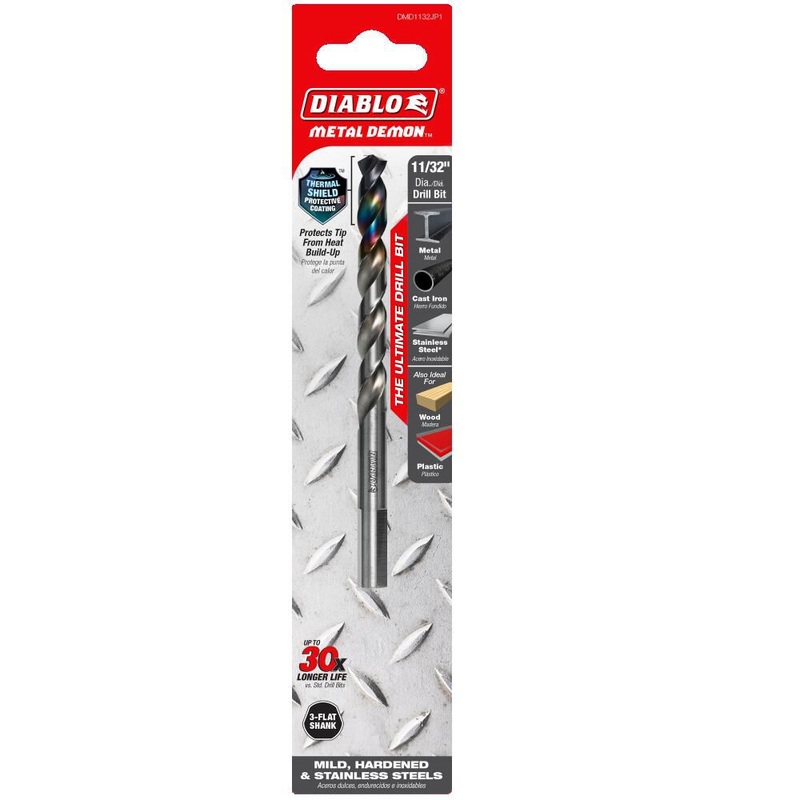 Diablo Metal Demon Drill Bit for Mild, Hardened and Stainless Steel - 4.9" Length, 11/32" Dia., 3-Flats Shank - DMD1132JP1