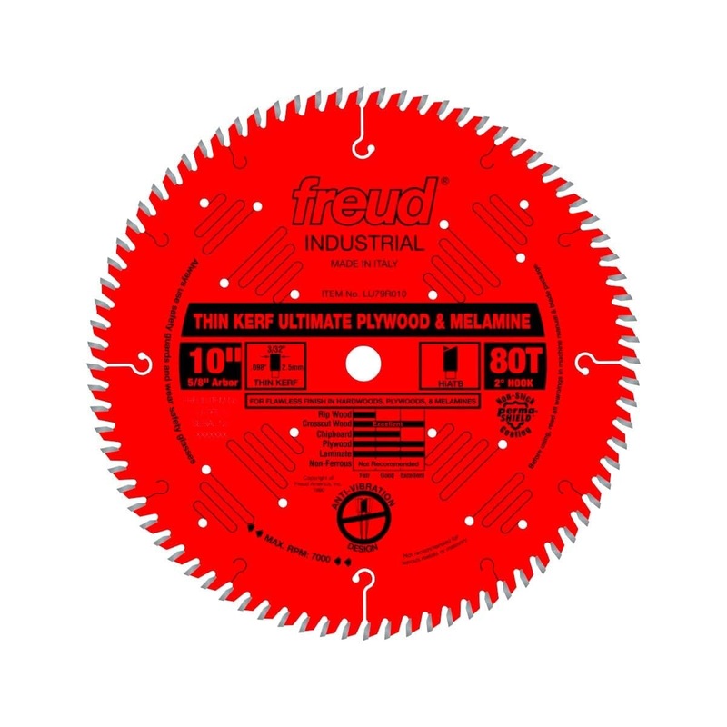 Freud Thin Kerf Ultimate Plywood & Melamine Saw Blade with Premium Tico Hi-Density Carbide Crosscutting Blend for Maximum Performance - 10" Diameter, 80 Teeth - LU79R010