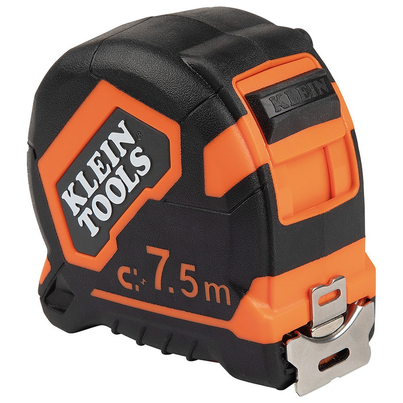 Klein Tools 9375 Tape Measure, Heavy-Duty Measuring Tape with 7.5 m Metric Double-Hook Double-Sided Nylon Reinforced Blade, Metal Belt Clip