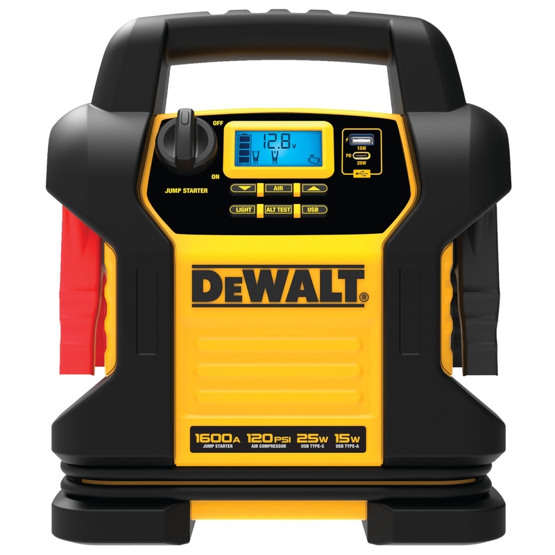 DEWALT DXAEJ14-Type2 Digital Portable Power Station Jump Starter - 1600 Peak Amps with 120 PSI Compressor, AC Charging Cube, 15W USB-A and 25W USB-C Power for Electronic Devices