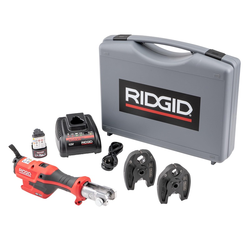 RIDGID 72553 Model RP 115 Mini Press Tool and Battery Kit with 1/2" to 3/4" ProPress Press Tool Jaws, 2V Li/Ion Battery, 12V Charger, and Carrying Case , Red Mini Press Tool Kit (1/2" - 3/4" Jaws Capacity