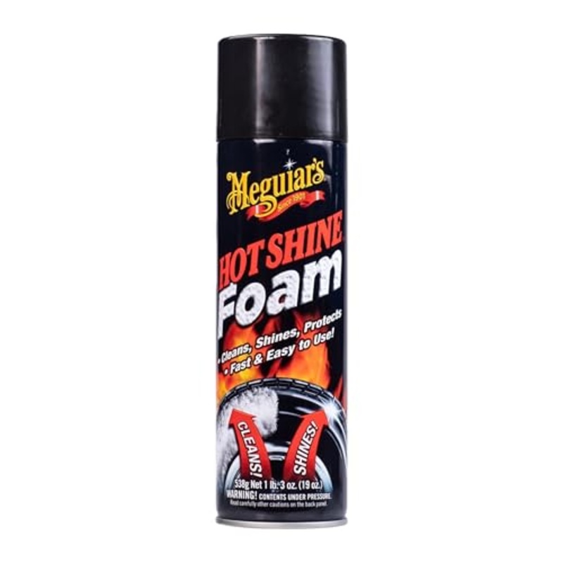 Meguiar's Hot Shine Tire Foam - High Goss Tire Shine that Cleans, Shines, and Protects in One, Deep, Black Shine with Conditioners and UV Protection to Help Keep Tires Looking Like New, 19 Oz Aerosol
