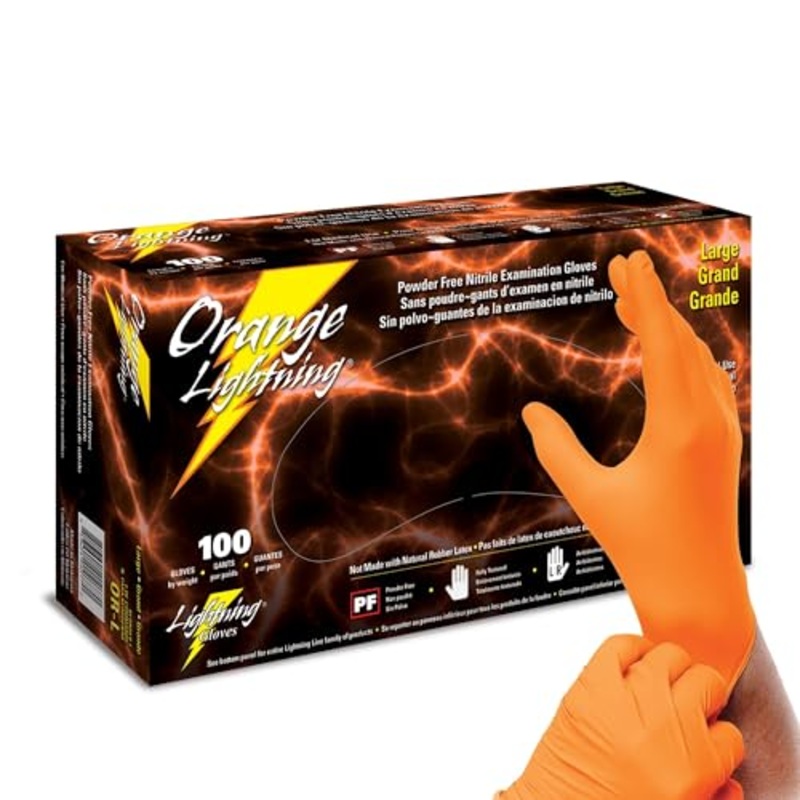 Atlantic Safety Products Orange Lightning Exam Gloves, Disposable, Powder-Free Nitrile Gloves, Orange, Large, 100-Ct