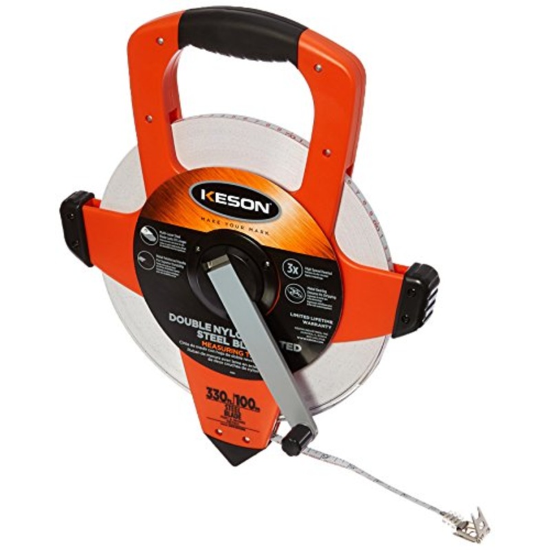 Keson NRS18M330 Nylon-Reinforced Steel Blade Tape Measure, Speed Rewind with Double Hook (Graduations: ft., in., 1/8 & m, cm, 2mm), 100M/330-Foot