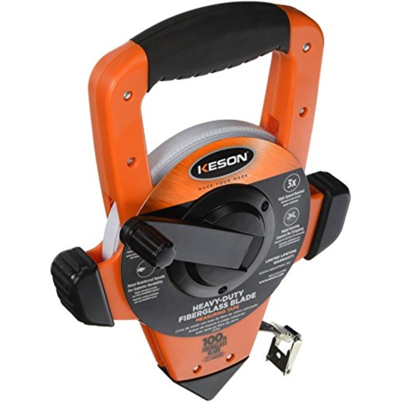 Keson OTRS18100 Fiberglass Measuring Tape with Hook, Speed Rewind (Graduations: ft., in. 1/8), 100-Foot