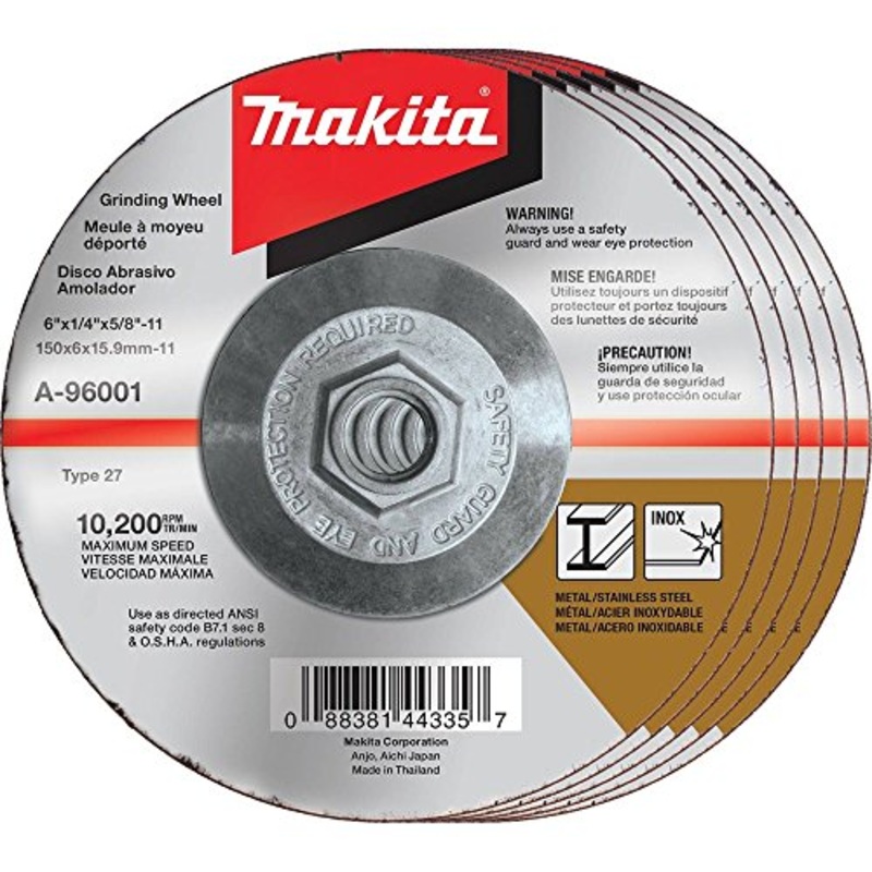 Makita A-96001-5 6" x 1/4" x 5/8-11" Hubbed INOX Grinding Wheel, 36 Grit, 5/pk