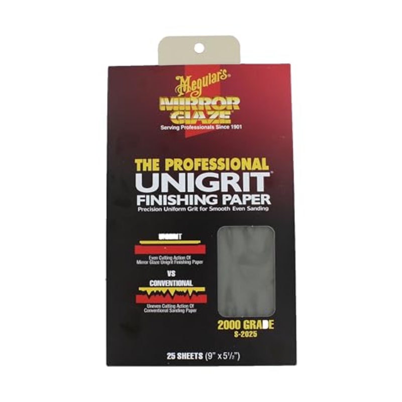 Meguiar's Unigrit Finishing Paper - 2,000 Grit - Pro Wet/Dry Sandpaper, Fast and Even Cutting Action with Smooth Sanding Pattern That Eliminates The Risk of Deep, Uneven Sanding Scratches, 25 Sheets