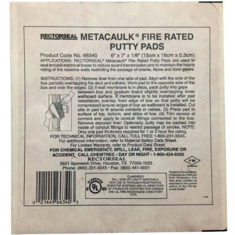 RectorSeal Metacaulk Firestop Putty Pad 66335, Easy Installation, Firestop, 7"X7"