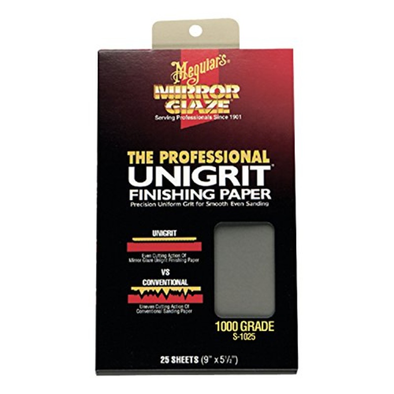Meguiar's Unigrit Finishing Paper - 1,000 Grit - Pro Wet/Dry Sandpaper, Fast and Even Cutting Action with Smooth Sanding Pattern That Eliminates The Risk of Deep, Uneven Sanding Scratches, 25 Sheets