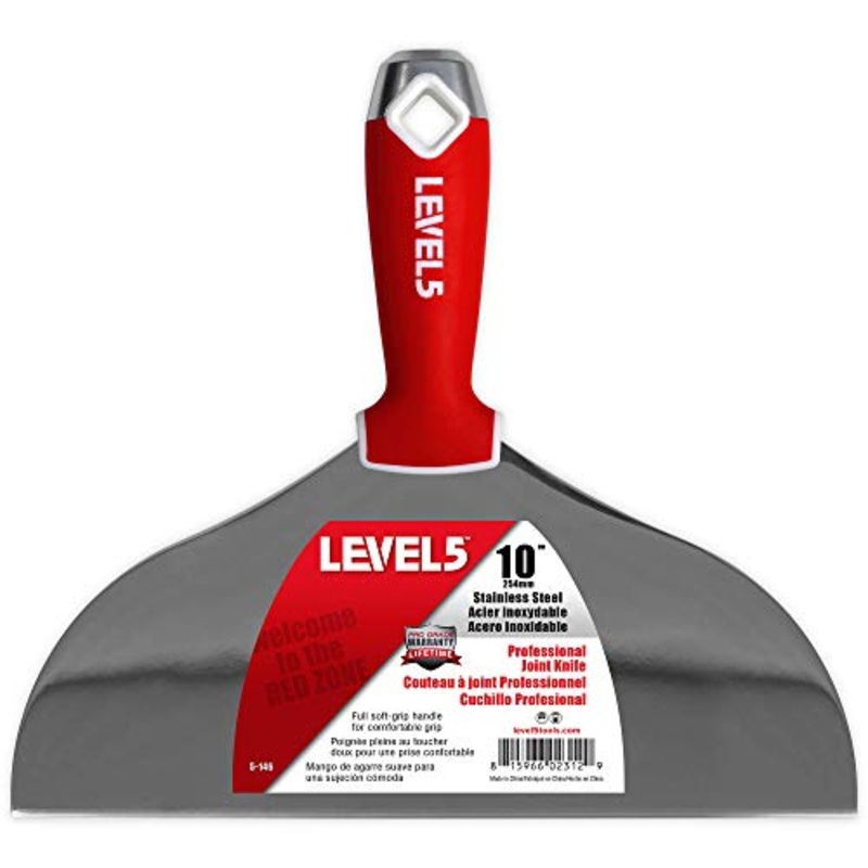 10" Soft-Grip Stainless Steel Drywall Joint Knife - LEVEL5 | Pro-Grade | Comfortable Finishing Hand Tool | Metal Hammer End | Sheetrock Gyprock Plasterboard Mud | 5-146