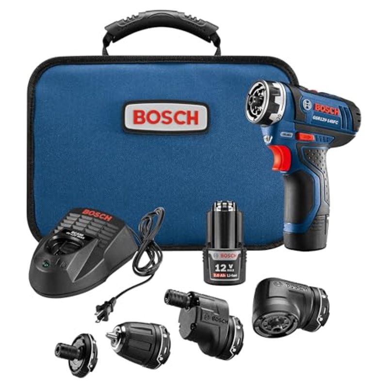 [ USED ] BOSCH GSR12V-140FCB22 12V Drill/Driver 5-In-1 Flexiclick System - Torque, Lightweight, Magnetic Bit Holder, Keyless Chuck, Right Angle & Offset Attachments. Includes 2.0 Ah Batteries & Charger