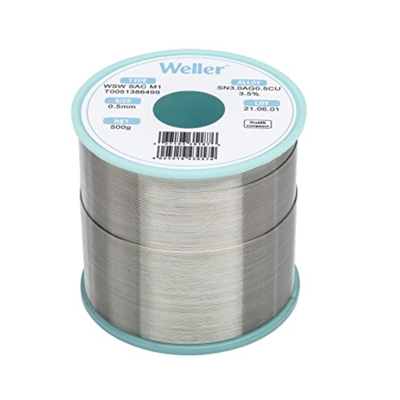 Weller WSW SAC M1 (T0051386499) Lead Free Solder Wire, Dia: 0.5 mm / 0.020 in, Wt: 500 g / 17.637 oz, Alloy Sn96.5Ag3.0Cu0.5, Flux content 3.5%