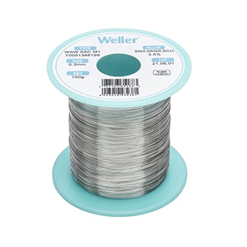 Weller WSW SAC M1 (T0051386599) Lead Free Solder Wire, Dia: 0.3 mm / 0.012 in, Wt: 500 g / 17.637 oz, Alloy Sn96.5Ag3.0Cu0.5, Flux content 3.5%