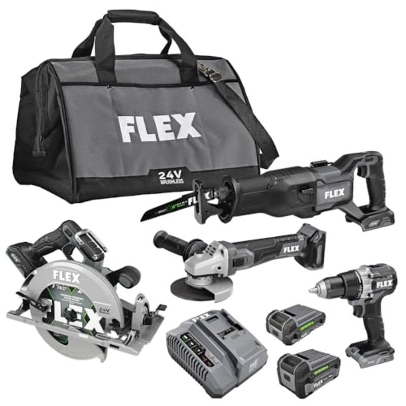 FLEX 24V Brushless Cordless 4-Tool Combo Kit: Circular Saw, Reciprocating Saw, Fixed Speed Angle Grinder, Drill Driver with 2.5 Ah, 5.0Ah Lithium Batteries and 160W Charger - FXM402-2B