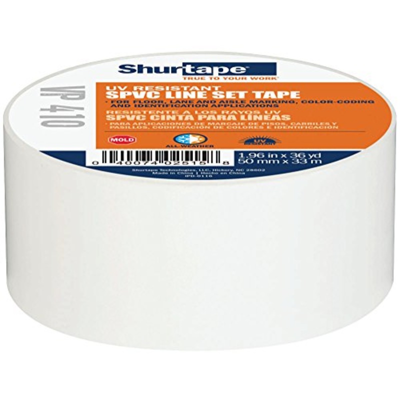 Shurtape VP 410 Colored Line Set and Marking Tape, for Floor/Lane Marking or Color-Coding, Meets OSHA Color-Coding, White, 50mm x 33 Meters, 1 Roll (104873)