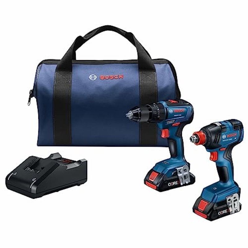[ USED ] BOSCH GXL18V-233B25 18V 2-Tool Combo Kit with 1/2 In. Hammer Drill/Driver, Two-In-One 1/4 In. and 1/2 In. Bit/Socket Impact Driver/Wrench and (2) CORE18V 4 Ah Advanced Power Batteries