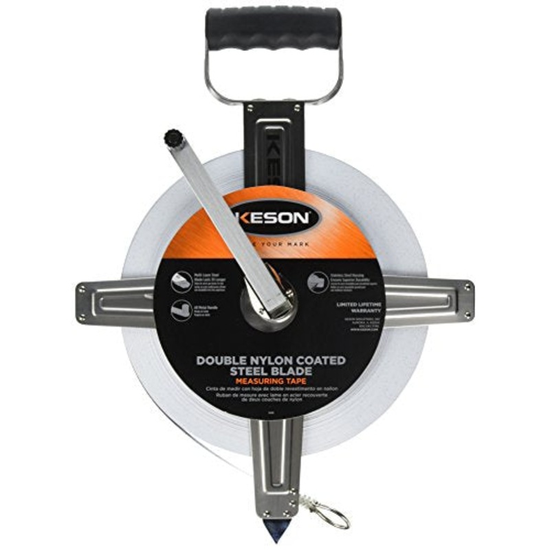 [ USED ] Keson SNR10300E Nylon-Reinforced Steel Blade Tape Measure with Stainless Steel Housing, Zero Point at Tape End and Ring End (Graduations: ft, 1/10, 1/00), 300-Foot