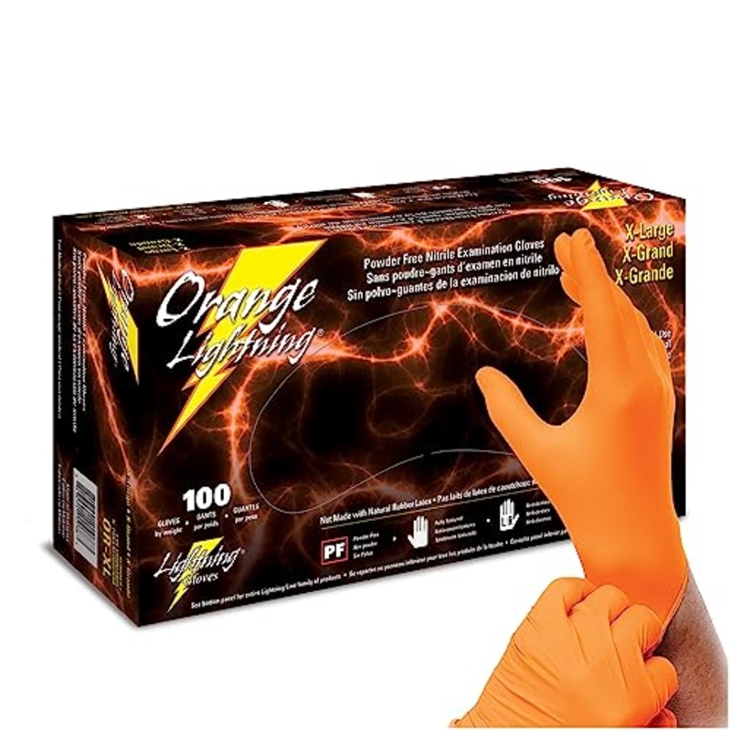 Atlantic Safety Products Orange Lightning Exam Gloves, Disposable, Powder-Free Nitrile Gloves, Orange, Extra Large, 100-Ct