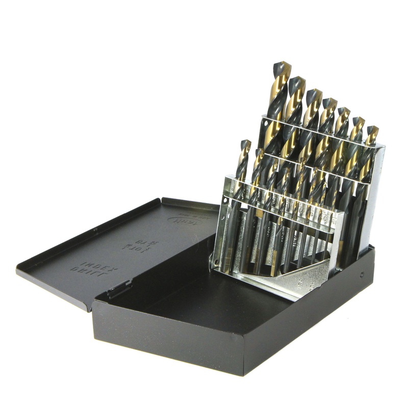 Drillco 350N Series Nitro 15 Piece High-Speed Steel Mechanics Length Drill Bit Set Black and Gold Oxide Finish Round with Flats Shank Spiral Flute 135 Degrees Split Point 1/16 - 1/2 in 1/32 increments