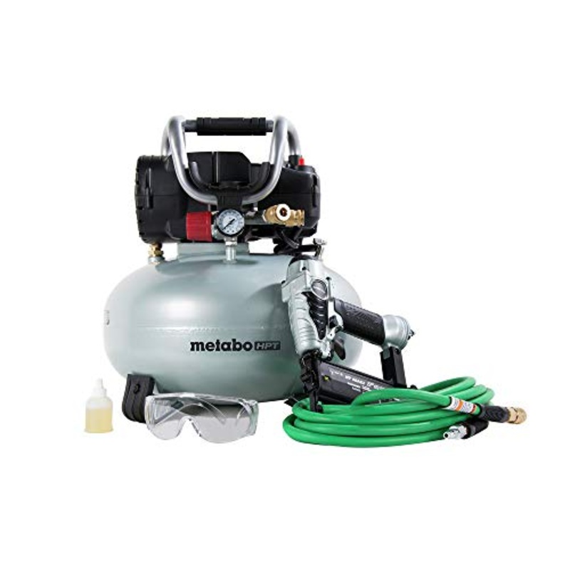 [ USED ] Metabo HPT Air Compressor Combo Kit, Includes Brad Nailer, Pancake Compressor, and 25 Ft Air Hose (KNT50AB)