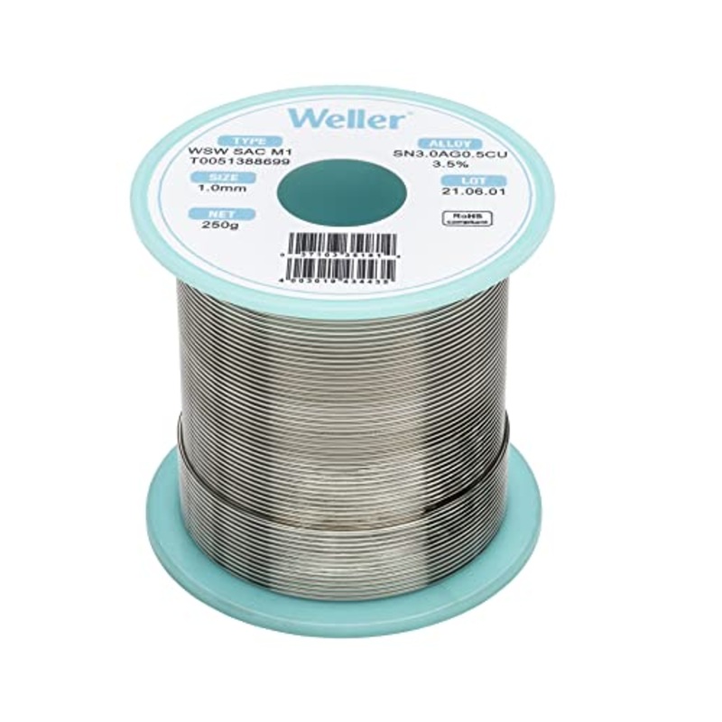 Weller WSW SAC M1 (T0051388699) Lead Free Solder Wire, Dia: 1.0 mm / 0.039 in, Wt: 250 g / 8.818 oz, Alloy Sn96.5Ag3.0Cu0.5, Flux content 3.5%