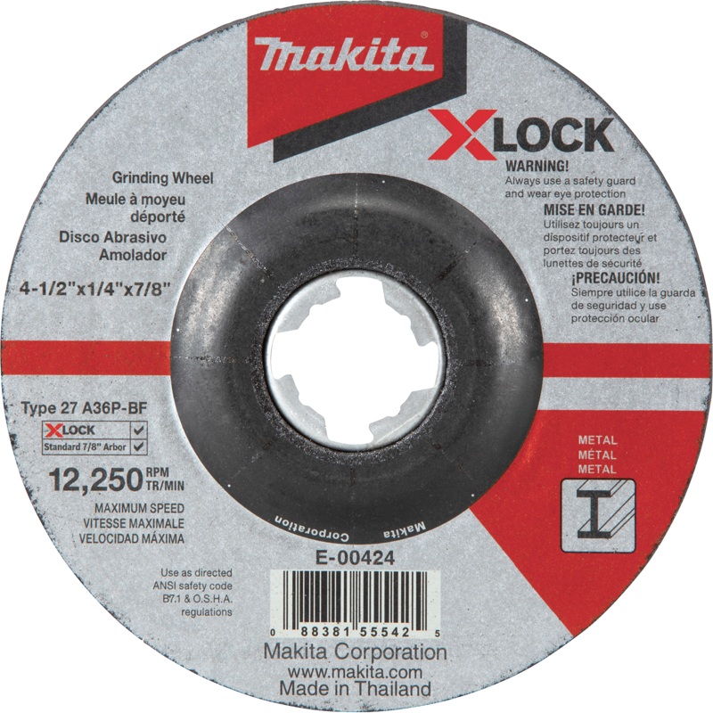 Makita E-00424 XLOCK 41/2" x 1/4" x 7/8" Type 27 General Purpose 36 Grit Metal Abrasive Grinding Wheel