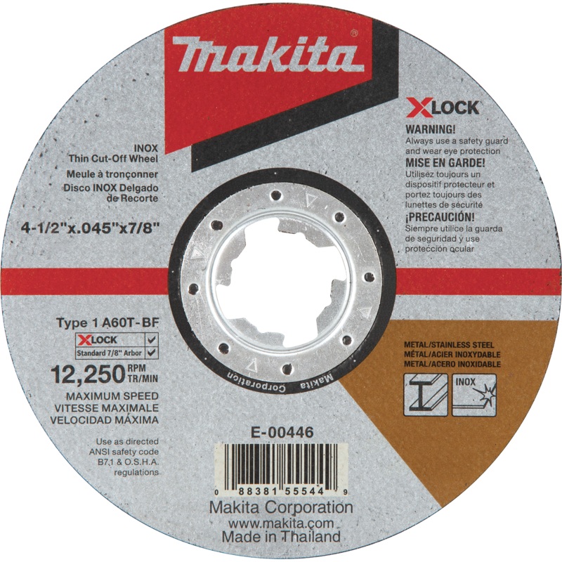Makita E-00446 XLOCK 41/2" x .045" x 7/8" Type 1 General Purpose 60 Grit Thin CutOff Wheel for Metal and Stainless Steel Cutting