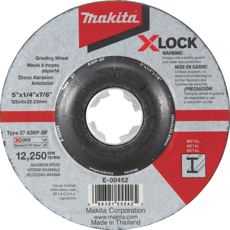 Makita E-00452 XLOCK 5" x 1/4" x 7/8" Type 27 General Purpose 36 Grit Metal Abrasive Grinding Wheel