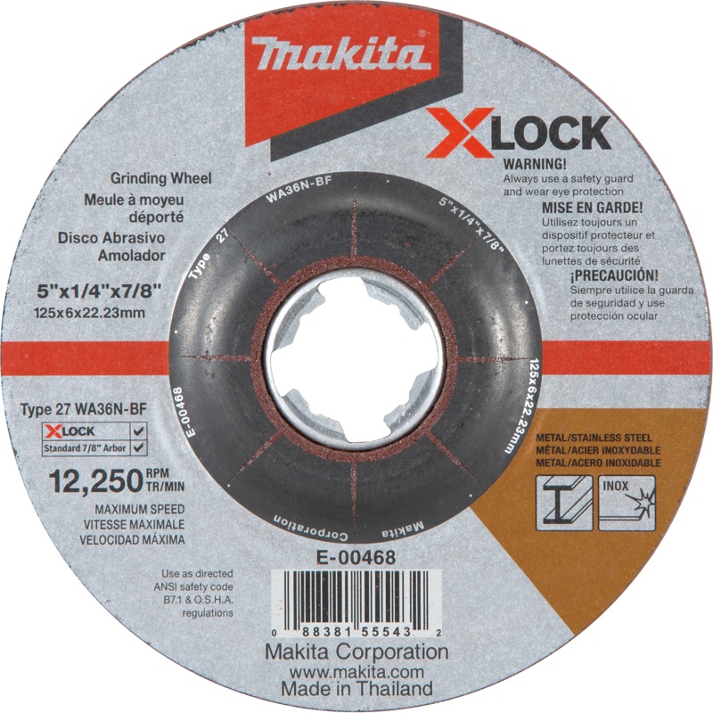 Makita E-00468 XLOCK 5" x 1/4" x 7/8" Type 27 General Purpose 36 Grit Abrasive Grinding Wheel for Metal & Stainless Steel Grinding