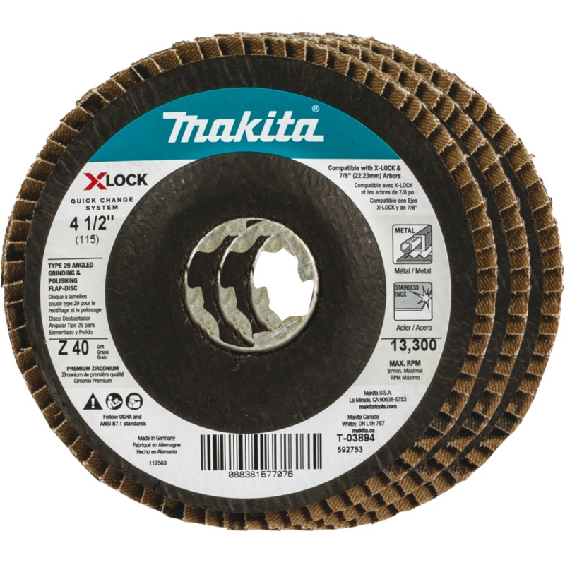 Makita T-03894-3 XLOCK 41/2" 40 Grit Type 29 Angled Grinding and Polishing Flap Disc for XLOCK and All 7/8" Arbor Grinders, 3/pk