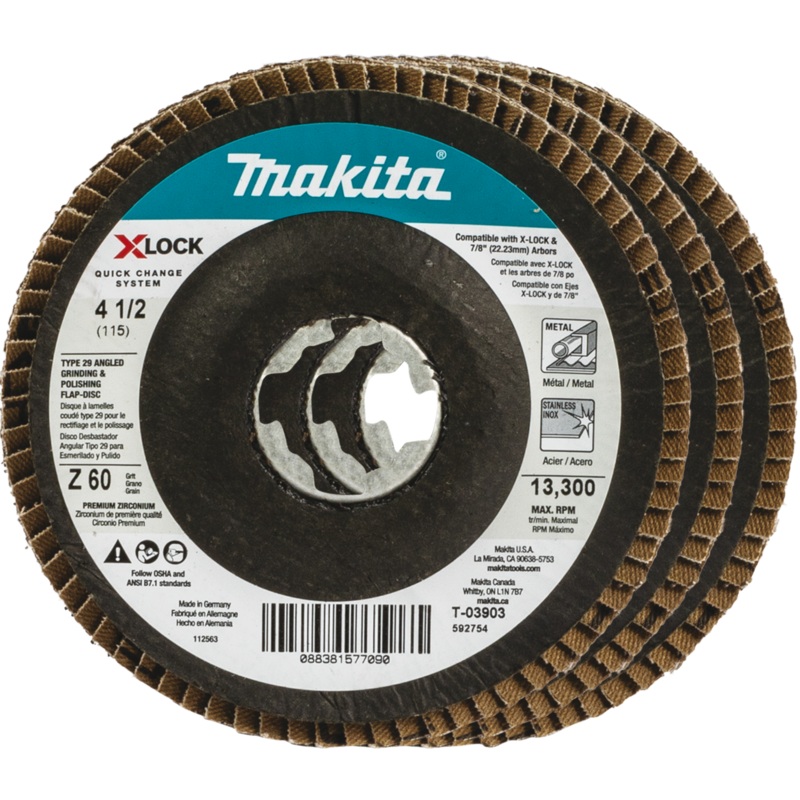 Makita T-03903-3 XLOCK 41/2" 60 Grit Type 29 Angled Grinding and Polishing Flap Disc XLOCK and All 7/8" Arbor Grinders, 3/pk