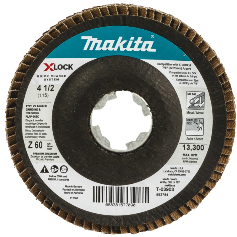 Makita T-03903 XLOCK 41/2" 60 Grit Type 29 Angled Grinding and Polishing Flap Disc for XLOCK and All 7/8" Arbor Grinders