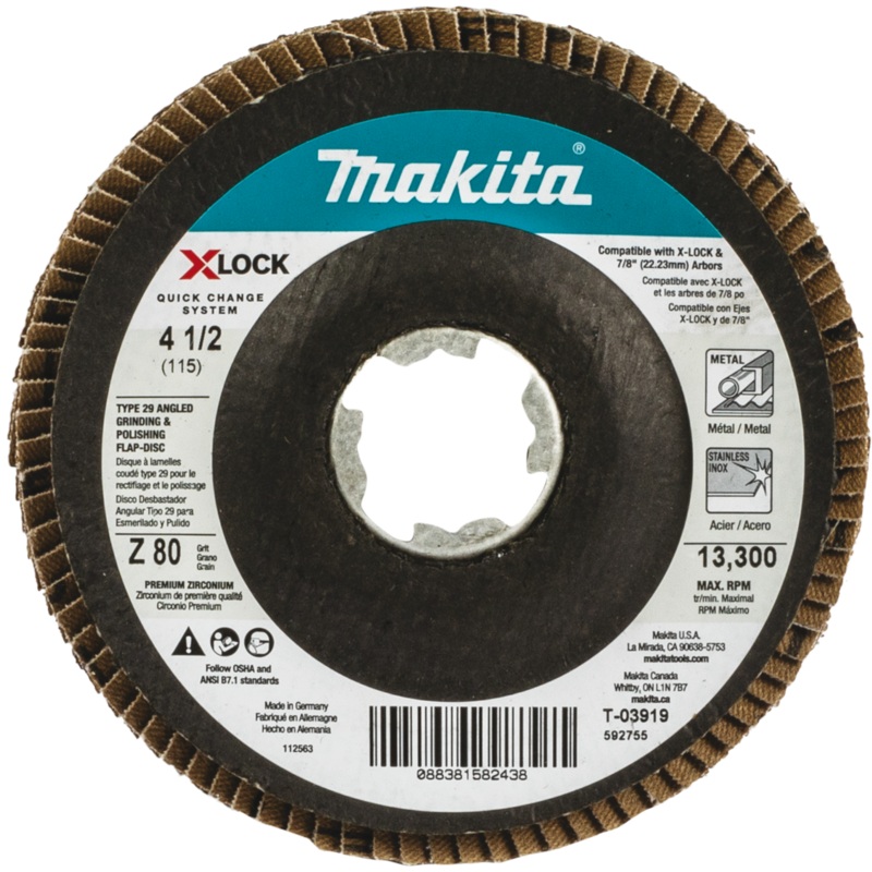 Makita T-03919 XLOCK 41/2" 80 Grit Type 29 Angled Grinding and Polishing Flap Disc for XLOCK and All 7/8" Arbor Grinders