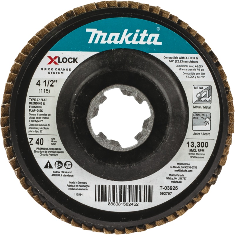 Makita T-03925 XLOCK 41/2" 40 Grit Type 27 Flat Blending and Finishing Flap Disc for XLOCK and All 7/8" Arbor Grinders